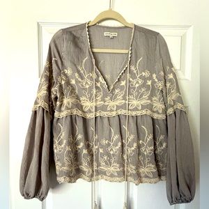 Boho Bell Sleeve lightweight blue grey blouse w/ ivory embroidered floral detail